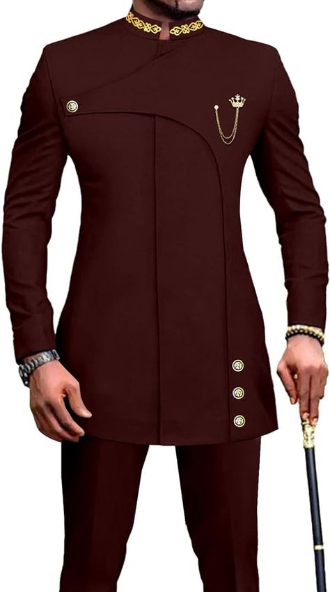 Men's 2 Pieces Suit Elegant Single Breated Slim Fit Embroidery Blazer Pants Set African Clothes Wedding Black Medium at Amazon Men’s Clothing store Designed Suits For Men, African Groom Attire, African For Men, African Suits Men, Suit Designs For Men, African Dresses For Men, Kaunda Suit, African Men Attire, Fashion Design For Men