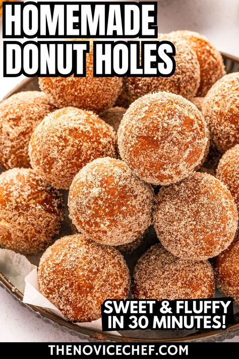 These fluffy and golden fried donut holes are coated with sweet cinnamon sugar! Freshly made and served with coffee, these homemade donut holes will disappear quicker than you can make them. Homemade Cinnamon Donuts Recipe, Fried Mini Donut Recipe, Donut Ball Recipe, Fried Donut Holes, Homemade Donut Holes, Cinnamon Donut Holes, Easy Donut Holes, Donut Recipe Fried, Homemade Donut Recipe