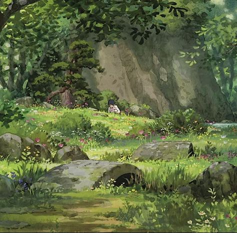 Green Anime Scenery, Arriety Ghibli Aesthetic, Ghilbi Nature, Green Studio Ghibli Aesthetic, Arriety Ghibli Icon, Studio Ghibli Aesthetic Icon, Ghibli Scenery Landscapes, Ghibli Aesthetic Scenery, Landscape Studio Ghibli