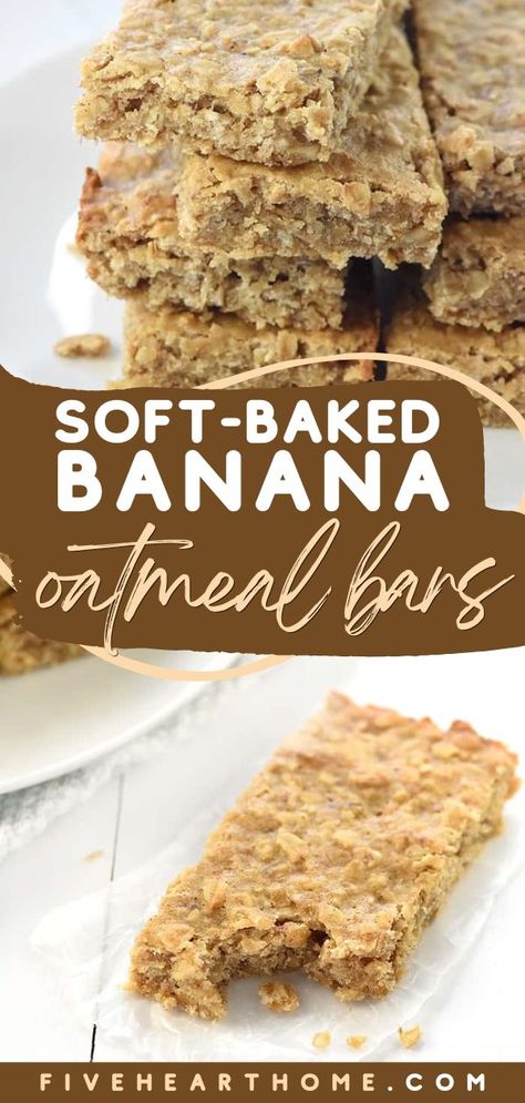 Kids will be requesting this snack idea again and again! So wholesome and yummy, these Soft-Baked Banana Oatmeal Bars are sure to be a hit. Enjoy them as a simple breakfast idea on the go, too! Easy gluten-free option included! Soft Baked Banana Oatmeal Bars, High Fiber Oatmeal Bars, Lighter Desserts, Banana Oatmeal Bars, Oatmeal Bars Healthy, Portable Breakfast, Oatmeal Bars Recipes, Breakfast Bars Healthy, No Bake Oatmeal Bars