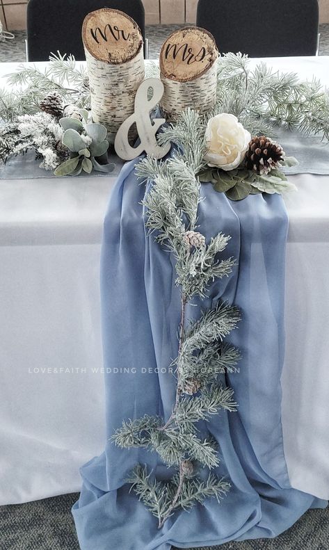 Head table décor.  Winter theme Woodsy Wedding Decor, Winter Wedding Arch, Ice Blue Weddings, Silver Winter Wedding, Gold Winter Wedding, Blue Winter Wedding, Winter Wedding Centerpieces, Snowy Wedding, White Winter Wedding