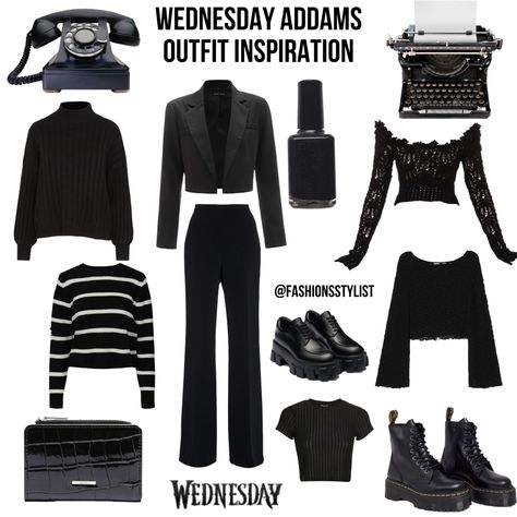 Dressing Like Wednesday Addams, Goth Halloween Outfit Ideas, Wednesday Fashion Inspiration, Wednesday Addams Capsule Wardrobe, Modern Wednesday Addams Outfits, How To Dress Like Wednesday Addams, Wednesday Adams Outfits 2022, Wednesday Addams Accessories, Wednesday Clothes Aesthetic