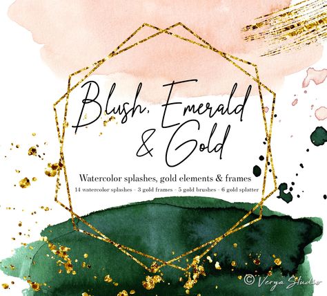 Blush pink and emerald green watercolor washes with gold frames, gold brush strokes and gold splatter elements. Hand painted watercolor splashes in dark green and pink. YOU RECEIVE oooooooooooooo - 28 elements: - 7 hand painted green watercolor splashes - size: 2748 px (~ 9 inches) - 7 blush pink watercolor splashes - size: 2748 px (~ 9 inches) - 3 geometric golden frames - size: 3600 px (12 inches) - 5 gold brush strokes - size: 2048 px (6.8 inches) - 6 gold splatter - size: 2740 px (~ 9 inches Wedding Clipart Png, Ball Ideas, Emerald Green Weddings, Gold Color Palettes, Pink And Gold Wedding, Geometric Frame, Gold Watercolor, Emerald Wedding, Blush Pink Weddings