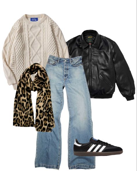 outfit inspo fall outfit Winter Outfits With Leather Jackets, Cheetah Print Sweater, Cheetah Sweater Outfit, Cheetah Sambas, Rory Gilmore Fall Outfits, Winter Leather Jacket Outfit, Cheetah Jacket Outfit, Quarterzip Outfits, Theme Park Outfits Fall