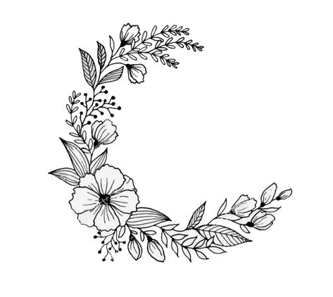 Floral Wreath Drawing, Tatts Ideas, Wreath Tattoo, Drawing Designs, Wreath Illustration, Simple Hand Embroidery Patterns, Draw Hands, Flower Line Drawings, Sketches Pencil