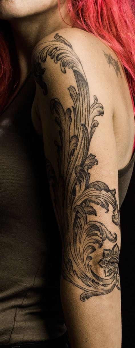 Acanthus Leaf Tattoo, Baroque Tattoos, Tattoo Leaf, Baroque Tattoo, Filigree Tattoo, Tattoos To Cover Scars, Leaf Tattoo, Gothic Tattoo, Tattoo Portfolio