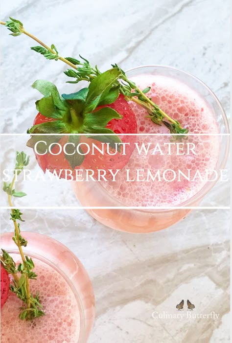 Coconut water strawberry lemonade is a healthy hydrating beverage packed with delicious flavor, easy to make and perfect for any time of year. Make it with strawberries, pineapple, tart cherries, mango, raspberries or any of your favorite fruits to create a beverage you will want to drink again and again. Coconut Hydration Drink, Flavored Coconut Water, Coconut Water Hydration Drink, Coconut Water Lemonade, Strawberry Coconut Mocktail, Coconut Water Recipes Drinks Healthy, Strawberry Coconut Drink, Coconut Water Drink Recipes, Coconut Water Drink