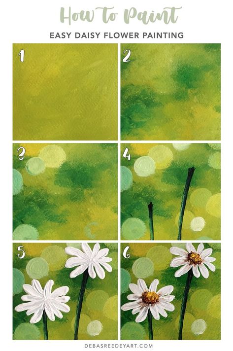 Acrylic painting of white daisy flowers on green background with bokeh effects landscape on acrylic paper Paint Daisies, Vintage Art Deco Interior, Daisy Flower Painting, Easy Nature Paintings, Easy Flower Painting, Beach Interior, Art Deco Interior Design, Daisy Painting, Easy Canvas Art