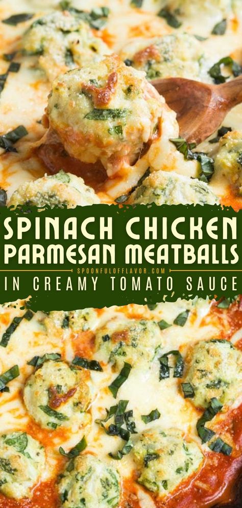 Spinach Chicken Parmesan Meatballs in Creamy Tomato Sauce, easy dinner ideas, easy chicken recipes for dinner Ground Chicken And Cauliflower Recipes, Ground Chicken And Pork Meatballs, Chicken Florentine Meatballs, Ground Chicken Parmesan Meatballs, Basil Parmesan Chicken Meatballs, Chicken Spinach Feta Meatballs, Recipes Using Chicken Meatballs, Ground Chicken Toddler Recipes, Ground Chicken Recipes For Dinner Casseroles