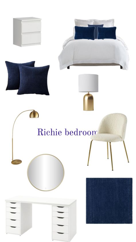 Navy Room Decor, Comfy Room Ideas, Bedroom Ideas Blue, White Gold Bedroom, Blue Room Decor, Room Organization Bedroom, White Room Decor, Blue Bedroom Decor, Cute Diy Room Decor