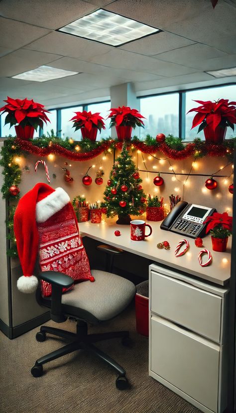 🌟 20+ Christmas Office Decorating Ideas You Haven't Tried Yet Christmas Decoration Office Ideas, Christmas Decoration Office Cubicles, Diy Christmas Desk Decorations, Cubicle Fireplace Christmas, Christmas Cubicle Decorations Simple, Office Cubical Christmas Decor, Office Christmas Party Decorations Table, Christmas Desk Decor Ideas Office Cubicle, Christmas Theme Cubicle Ideas