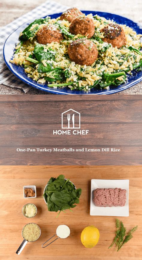 One-Pan Turkey Meatballs and Lemon Dill Rice with spinach and Parmesan Turkey Feta Meatballs And Lemon Crema, Creamy Dill Meatballs, Lemon Dill Rice, Lemon Basil Turkey Meatballs & Creamy Rice, Rice With Spinach, Turkey Pesto Meatballs, Risotto With Asparagus, Dill Rice, Orzo Risotto