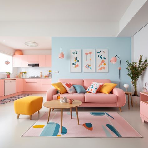 Pastel Interior Design, Room Pastel, Pastel Living Room, Deco Pastel, Pastel Interior, Pastel Home Decor, Desain Furnitur Modern, Pastel Room, Colourful Living Room