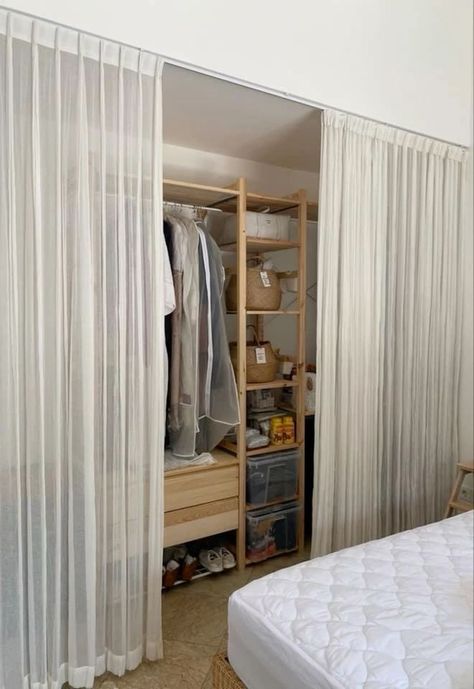 Unique Storage Ideas For Small Spaces Bedrooms, No Closet Solutions Bedroom, Curtain Wardrobe, Almirah Design, Parisian Studio, Closet Curtains, Dressing Room Closet, House Dressing, Open Wardrobe