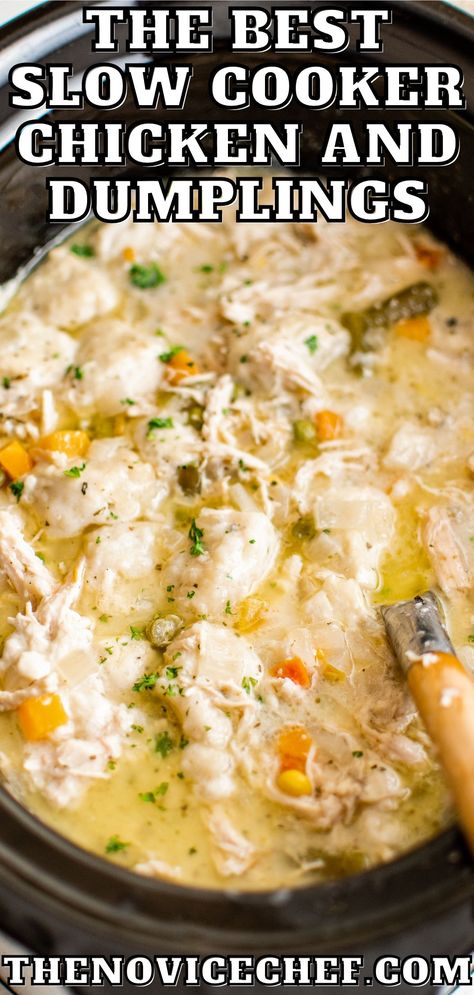 Rich, creamy Slow Cooker Chicken and Dumplings are easy to make with a can of biscuits for the dumplings! A homestyle, cozy meal that's hassle free. Dumplings Crockpot, Easy Chicken Dumpling Recipes, Warm Recipes, Crockpot Favorites, Tender Recipes, Fluffy Dumplings, Chicken Dumpling, Chicken Dumpling Soup, Fancy Foods