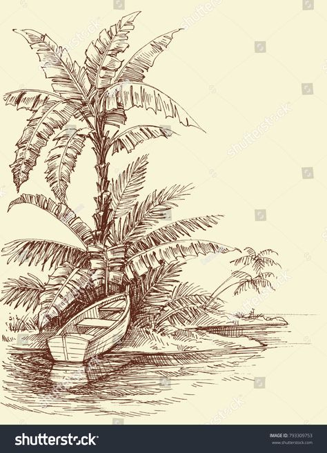 Boat on shore, tropical island drawing. Relaxation and water sports concept #Ad , #Ad, #tropical#island#Boat#shore Tropical Island Drawing, Island Drawing, Jungle Drawing, Island Artwork, Landscape Pencil Drawings, Boat Drawing, Water Tattoo, Drawing Competition, Scene Drawing