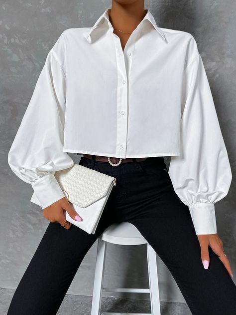 White Casual Long Sleeve Recycled Polyester Plain Shirt Embellished Non-Stretch Spring/Summer Women Tops, Blouses & Tee Lantern Sleeved Blouses, Ținută Casual, Women Blouses, Plain Shirts, Moda Vintage, Elegant Shirt, Women Shirts Blouse, Lantern Sleeve, White Shirts