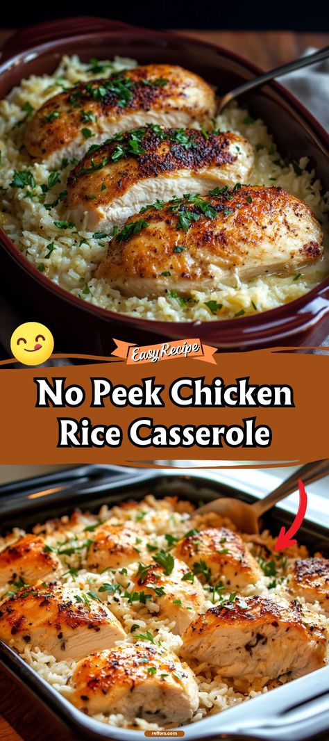 Discover the magic of simplicity with our No Peek Chicken Rice Casserole. Just mix, cover, and bake until you're ready to reveal a moist and flavorful combination of chicken and rice that cooks to perfection on its own. #NoPeekCasserole #EasyDinner #ChickenRice Gf Chicken And Rice Casserole, Crock Pot No Peek Chicken And Rice, Chicken And Rice Casserole With Soup, Yummy Chicken And Rice Recipes, Chicken And Rice Casserole Recipes Oven, Rice And Chicken Casserole Easy Dinners, Bake Chicken And Rice Oven, Chicken And Rice Bake Healthy, Make Ahead Chicken And Rice Casserole