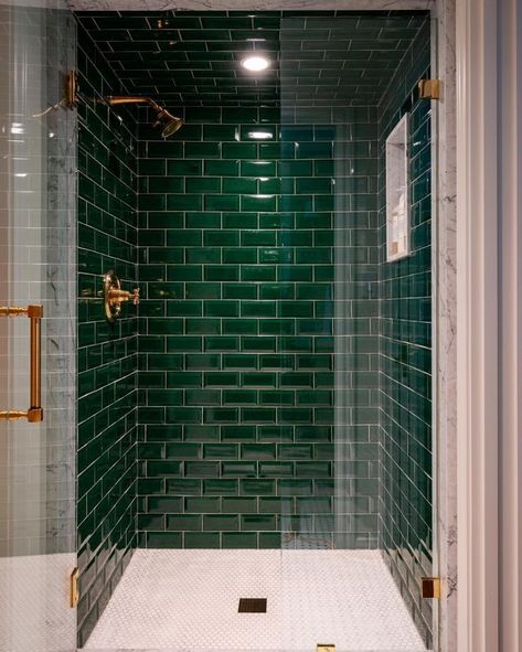 Bathroom Ideas Dark Green, Bathroom Ideas Dark, Emerald Green Bathroom, Green Shower Tile, Dark Green Tile, Waterproof Wall Panels, Dark Green Bathrooms, Green Subway Tile, Dekorere Bad