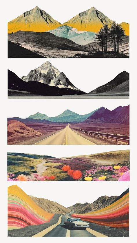 Editable retro mountain landscape design element set | premium image by rawpixel.com / Boom Mountain Landscape Design, Retro Landscape, Mountain Vintage, Landscape Collage, Retro Mountain, Landscape Vintage, Abstract Mountain, Abstract Collage, Collage Vintage