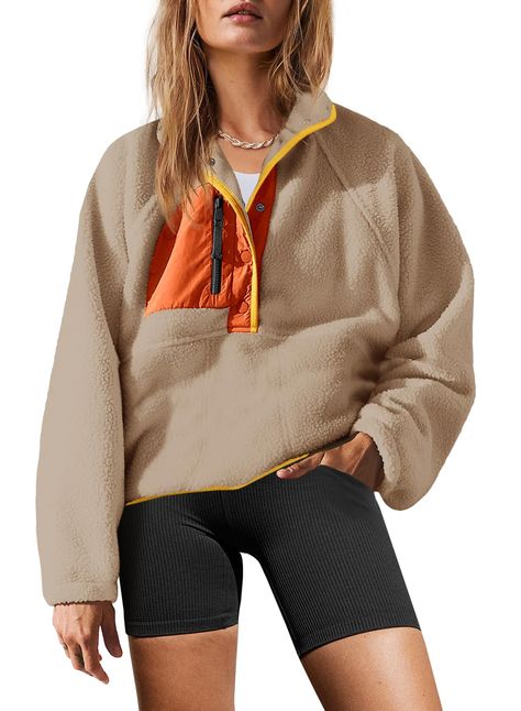 PRICES MAY VARY. Super soft fleece material, soft fluffy fleece fabric, comfortable and skin-friendly, makes you have a cute look, easy to match and wear it comfortable FASHION DEISGN: The button down sherpa pullover is very comfortable and loose to wear and you won't feel tight in it. It is made with soft fabric, nylon patches; zipper pockets; quarter-button closure, elastic cuffs, making it more comfy against the skin, can be worn next to your skin, you will never want to take it off. Features Winter Clothes Design, Fuzzy Jackets, Womens Sherpa Jacket, Trendy Stuff, Womens Sherpa, Button Down Sweater, Fleece Jacket Womens, Jacket With Pockets, Sherpa Pullover