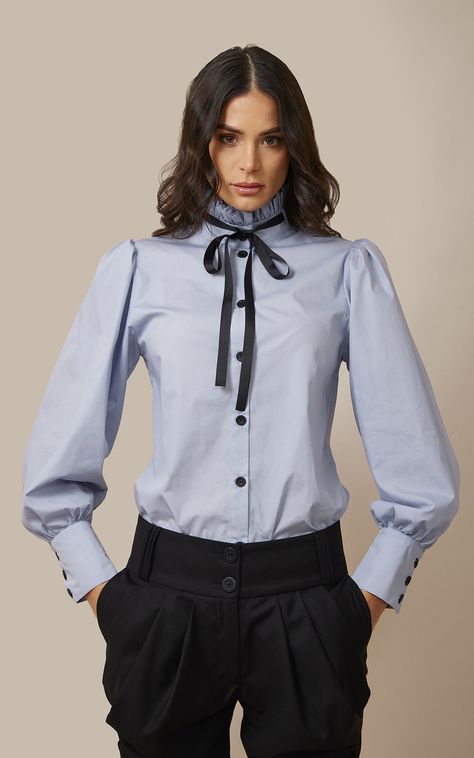 Ruffle Collar Shirt, High Collar Blouse, Buttoned Shirt, Tie Collar, Bow Tie Collar, Ruffled Collar, Refashion Clothes, Dress Trousers, High Waisted Trousers