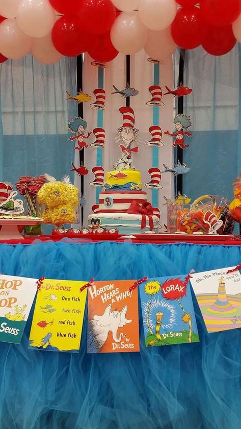 Dr Seuss Birthday Party Ideas | Photo 6 of 11 | Catch My Party Dr Seuss Birthday Party Ideas, Dr Suess Baby, Doctor Suess Birthday, Dr Seuss Party Ideas, Book Banner, Cat In The Hat Party, Dr Seuss Birthday Party, Dr. Seuss, Dr Seuss Baby Shower