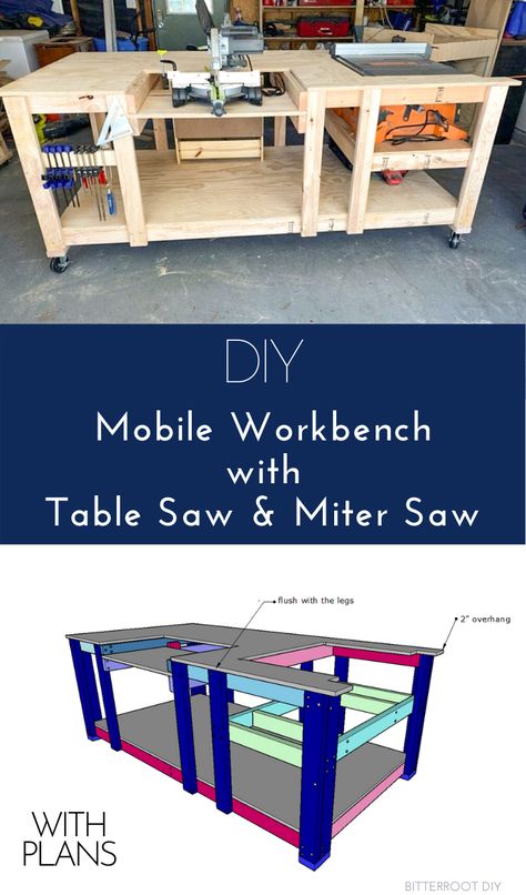 DIY Mobile Workbench with Table Saw & Miter Saw. Build the ultimate DIY mobile workbench that fits both your table saw and miter saw with these plans. Maximize space and optimize workflow in your shop! Workbench With Table Saw, Diy Mobile Workbench, Tree Carvings, Garage Workbench Plans, Workbench Table, Table Saw Workbench, Building A Workbench, Mobile Workbench, Workbench Plans Diy