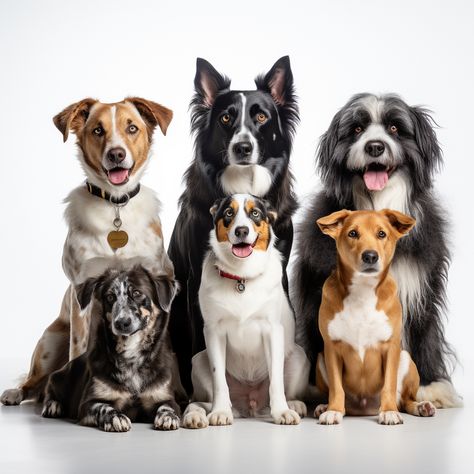 AI art, digital art of a group of dogs of different size, colours and breeds sitting together facing forward. 3 Dogs Together, Dog Group Photo, Group Of Puppies, People And Their Dogs Photography, Group Of Dogs Photography, Animal Photoshoot, Dog School, Group Of Dogs, Pet Clinic