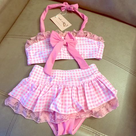 Pink And White Mia Belle 2pc Tankini. Nwt. Gingham. Size 4t. Cross Posted. Kawaii Bathing Suit Bikinis, Cute Pink Bikinis, Shoujo Swimwear, Pink Bikinis, Cute Tankini, Sanrio Fashion, Swimsuit Aesthetic, Pink Tankini, Pretty Swimsuits