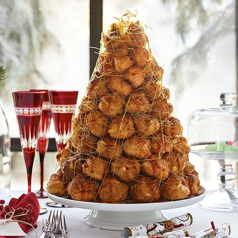 Croquembouche recipe and instructions (French Cream Puff Tower) held together with caramel and wrapped in spun sugar. Croquembouche Recipe, Silicone Baking Sheet, Croquembouche, Cream Puffs, Eclairs, French Food, Christmas Food, Sweet Tooth, Sweet Treats