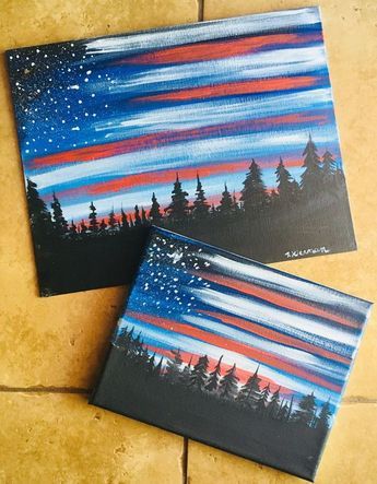 How To Paint American Flag Sky   Learn how to do this very simple yet stunning American Flag Sky with acrylic paint on canvas. You’ll learn how to do a forest skyline silhouette backed by a twilight or dawn sky and a dry brushed US flag illusion! This painting tutorial is for the absolute beginner … Continue reading "How To Paint American Flag Sky" American Flag Painting, Flag Painting, Výtvarné Reference, Cute Canvas Paintings, Easy Canvas Painting, Hur Man Målar, Cute Canvas, Canvas Painting Diy, 수채화 그림