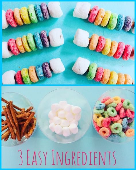 Rainbow Snack Sticks make with mini pretzel sticks, fruit loops, and mini marshamallows. A fun snack craft for kids to make! Preschool Cooking, Rainbow Snacks, Snack Sticks, St Patricks Day Crafts For Kids, Crafts And Activities For Kids, Preschool Snacks, Kids Rainbow, Mini Pretzels, Pretzel Sticks