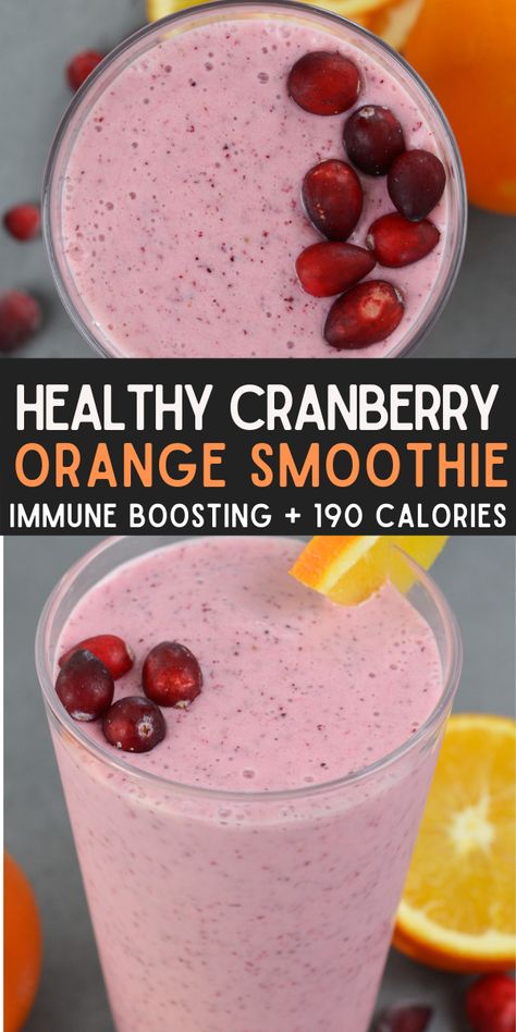 Try this easy Cranberry Orange Smoothie loaded with 70% of your daily amount of Vitamin C, 11 grams of protein and only 190 calories! This immune boosting smoothie is the perfect healthy breakfast recipe! Healthy Orange Creamsicle Smoothie, Orange Cranberry Smoothie, One Person Smoothie Recipe, Cranberry Orange Smoothie, Blender Breakfast Recipes, Cranberry Juice Smoothie Recipes, Cranberry Juice Smoothie, Immunity Smoothie Recipes, Antiparasitic Food