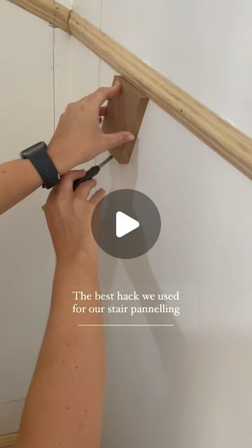 Apryl & Jenk on Instagram: "Using a 100mm piece of MDF to draw a line down our Dado rail was SO much easier than measuring each section and working out each distance!! #diy #diyhomedecor #diypanelling #panelling #stairpanelling #stairdesign #homedecor #diyhomeprojects #diyhomeimprovement #renovation #houserenovation #reno #homestyle #homeinterior #homedecorideas #panellingwalls" Dodo Rail Hallway, Hallway Dado Rail, Stair Panelling Ideas, Stairway Paneling, Dado Rail Hallway, Stairs And Hallway Ideas, Hallway Panelling, Stair Paneling, House Staircase