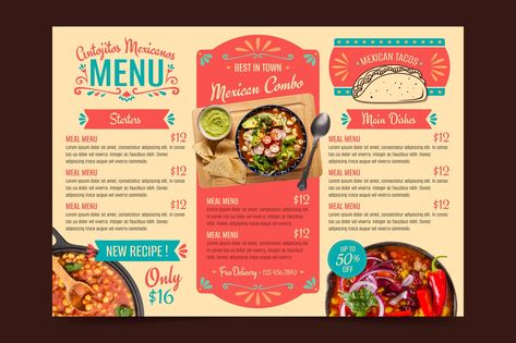 Taco Bueno, Booklet Design Layout, Mexican Food Menu, Tacos Menu, Taco Meal, Tacos Mexicanos, Mexican Menu, Mexico Design, Restaurant Menu Template