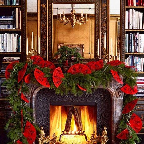 Noble Fir Tree: Architectural Digest Chinese Christmas, Sparkling Candle, Chinoiserie Christmas, Holiday Mantel, Christmas Fireplace Decor, Christmas In The City, Christmas Mantel Decorations, Christmas Mantle, Christmas Fireplace