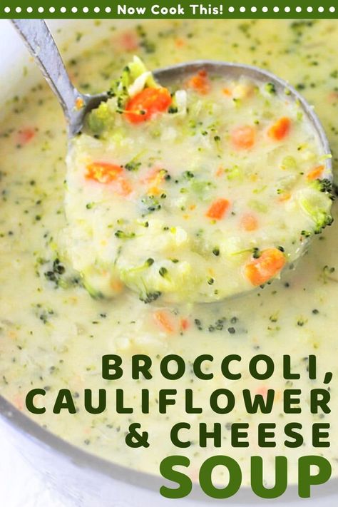 This easy Broccoli, Cauliflower and Cheese Soup is loaded with healthy veggies, and it's ready in less than an hour. It's creamy, cheesy, and so good you will want to eat your vegetables! Get the recipe and give it a try! Brocolli Soup Recipes, Cauliflower And Cheese Soup, Flour Soup, Cauliflower And Cheese, Broccoli Cauliflower Soup, Soup Broccoli, Cauliflower Cheese Soups, Camp Recipes, Canned Carrots