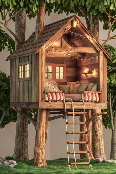 Top 15 DIY Tree House For Kids [Within Budget] Open Tree House, She Shed Tree House, Awesome Tree Houses Rustic, Treehouse Design Ideas, Inside Of Treehouse Ideas, Tree House Roof Ideas, Tree House Playroom, Cheap Treehouse Ideas, Low Tree House