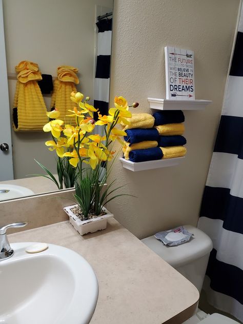 Navy Blue Gray Yellow Bathroom, Navy Blue And Yellow Bathroom Ideas, Mustard Yellow Bathroom Decor, Navy Blue And Yellow Bathroom, Navy And Yellow Bathroom, Gray And Yellow Bathroom Ideas, Grey And Yellow Bathroom Ideas, Blue And Yellow Bathroom Ideas, Blue Yellow Bathroom