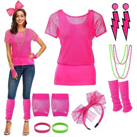 PRICES MAY VARY. Step into the vibrant world of the 80s with our complete set of costume accessories, curated to transport you back in time to the era of neon lights and disco beats Unleash your inner '80s icon with our Fishnet Neon Off Shoulder top, Neon T-Shirt, fingerless fishnet gloves, colorful bracelets, leg warmers, neon necklaces, lace headband, and flash earrings. This ensemble is designed to fulfill all your 80s fashion fantasies. Stand out from the crowd with our eye-catching colors t 80s Outfits Women, 1980s Fancy Dress, 80s Costumes, 1980s Outfits, 1980s Costume, 80s Fancy Dress, 80s Outfits, Fishnet Gloves, Vintage Disco