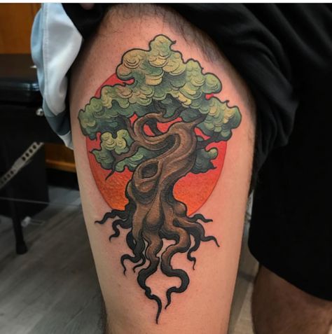 Old School Tree Tattoo, Traditional Willow Tree Tattoo, Neotraditional Tree Tattoo, Neo Traditional Tree Tattoo, New School Tattoo Designs Drawings, Traditional Tree Tattoo, Root Tattoo, Bonsai Tree Tattoo, Bonsai Tattoo