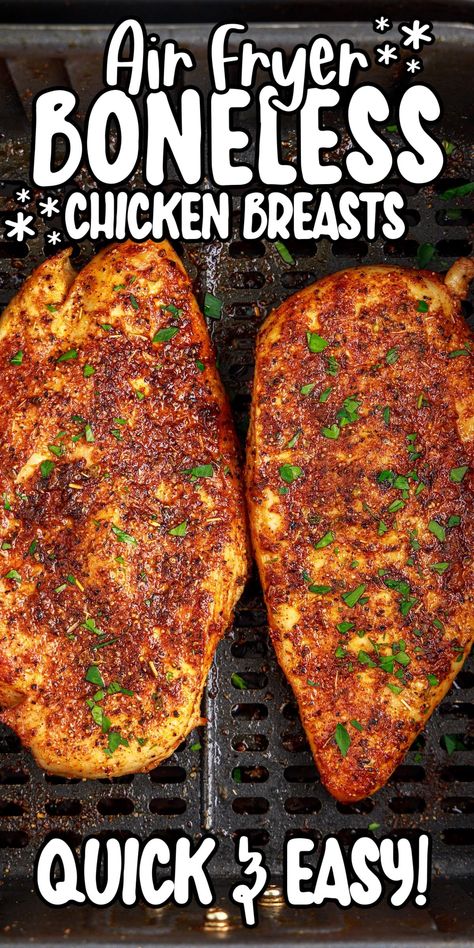 This air fryer boneless chicken breast recipe is easy to make, uses simple spices, is super juicy, and is naturally gluten-free and low-carb. Chicken Cooked In Air Fryer, Boneless Chicken In Air Fryer, Skinless Boneless Chicken Breast Recipes In Air Fryer, Chicken In Air Fryer Recipes Boneless, Air Fry Boneless Chicken Breast, Air Frying Chicken Breast, Chicken Fillet Recipes Air Fryer, Air Fryer Boneless Skinless Chicken Breast, Air Fryer Monterey Chicken