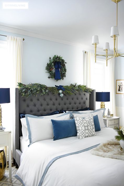 Create a gorgeous, luxurious Christmas bedroom you'll never want to leave with beautiful bedding and festive holiday greenery! #bedroom #christmas #christmasdecor #christmasbedroomideas #decoratingideas #christmaswreath #christmasgarland Grey Luxury Bedroom, Holiday Bed, Luxurious Christmas, Bedroom Tour, Holiday Bedroom, Holiday Greenery, Christmas Bedding, White Christmas Decor, Christmas Bedroom