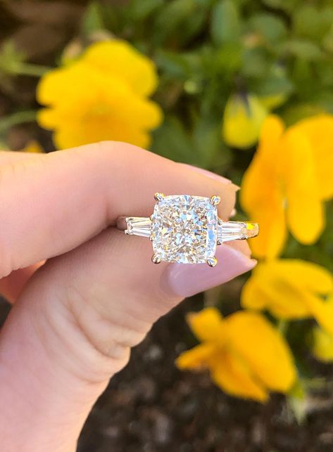 Cushion Baguette Engagement Ring, Cushion With Baguettes, Cushion Cut With Baguettes, Engagement Rings Baguette, Gold Cushion Cut Engagement Ring, Engagement Ring Baguette, Engagement Rin, Cushion Cut Diamond Engagement Ring, Baguette Engagement Ring