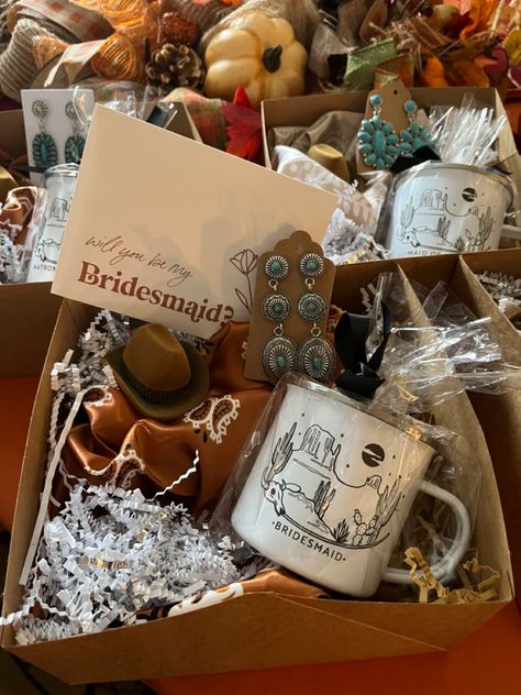 Bridesmaids Gifts They Will Actually Use, Western Will You Be My Bridesmaid, Western Wedding Bridal Party Table, Bridemaids Proposals Western, February Country Wedding, Country Bridesmaid Proposal Ideas, December Western Wedding, Western Bridal Party Gifts, Western Romance Wedding