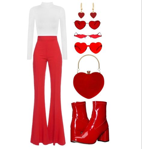 Red Heart Sunglasses Outfit, 70s Valentines Day Outfit, Heart Shaped Outfit, Red Heart Bag Outfit, Red And White Concert Outfit, Valentines Theme Outfit, Pretty Red Outfits, Valintens Outfits, Pink And Red Outfit Aesthetic