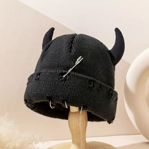 Trendy Ripped Couple Beanie With Horns Unisex Solid Color Knit Hip Hop Cuffed Skull Elastic Beanies For Women & Men - Temu Bike Wagon, Mens Knit Beanie, Custom Bunny, Men's Knit, Black Sweater, Knit Hat, Hat Fashion, Horn, Caps Hats