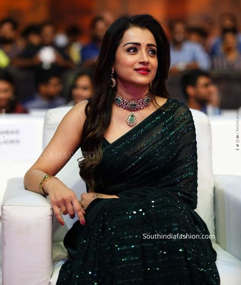 Trisha Ps2, Trisha Krishnan Saree, Black Sequin Saree, Trisha Saree, Traditional Dresses Indian, Embellished Saree, Trisha Krishnan, Sequin Saree, Fancy Saree