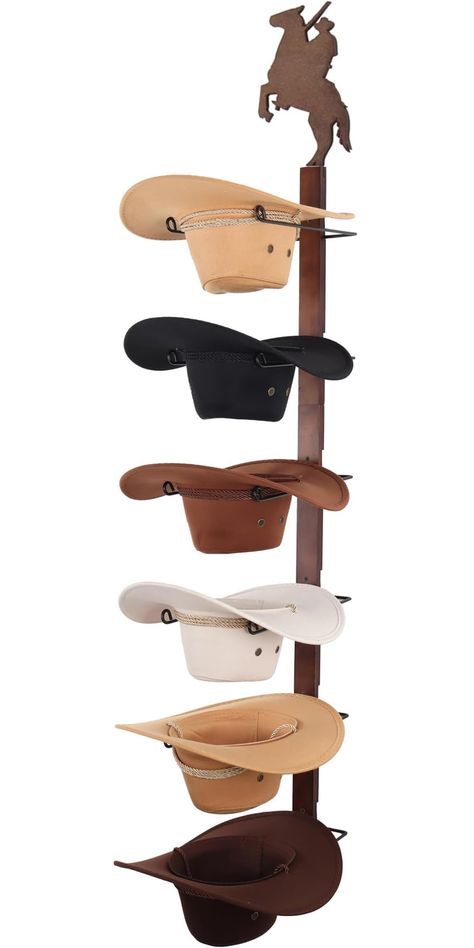 PRICES MAY VARY. Wild Western Style: This cowboy hat holder features Western denim design elements, adding a touch of wild Western style to your space. Large Capacity: With the ability to accommodate 6 hats. Not only does this denim hat rack keep your hats organized, but it also helps them maintain their shape and quickly dry . Handmade and durable: The cowboy hat rack is handmade from 100% natural wood and features high-grade stainless steel hooks that ensure it lasts long while complementing y Cowboy Hat Rack, Hat Organizer, Luxury Hats, Hat Stand, Hat Holder, Hat Hanger, Hat Organization, Horse Crafts, Horse Diy